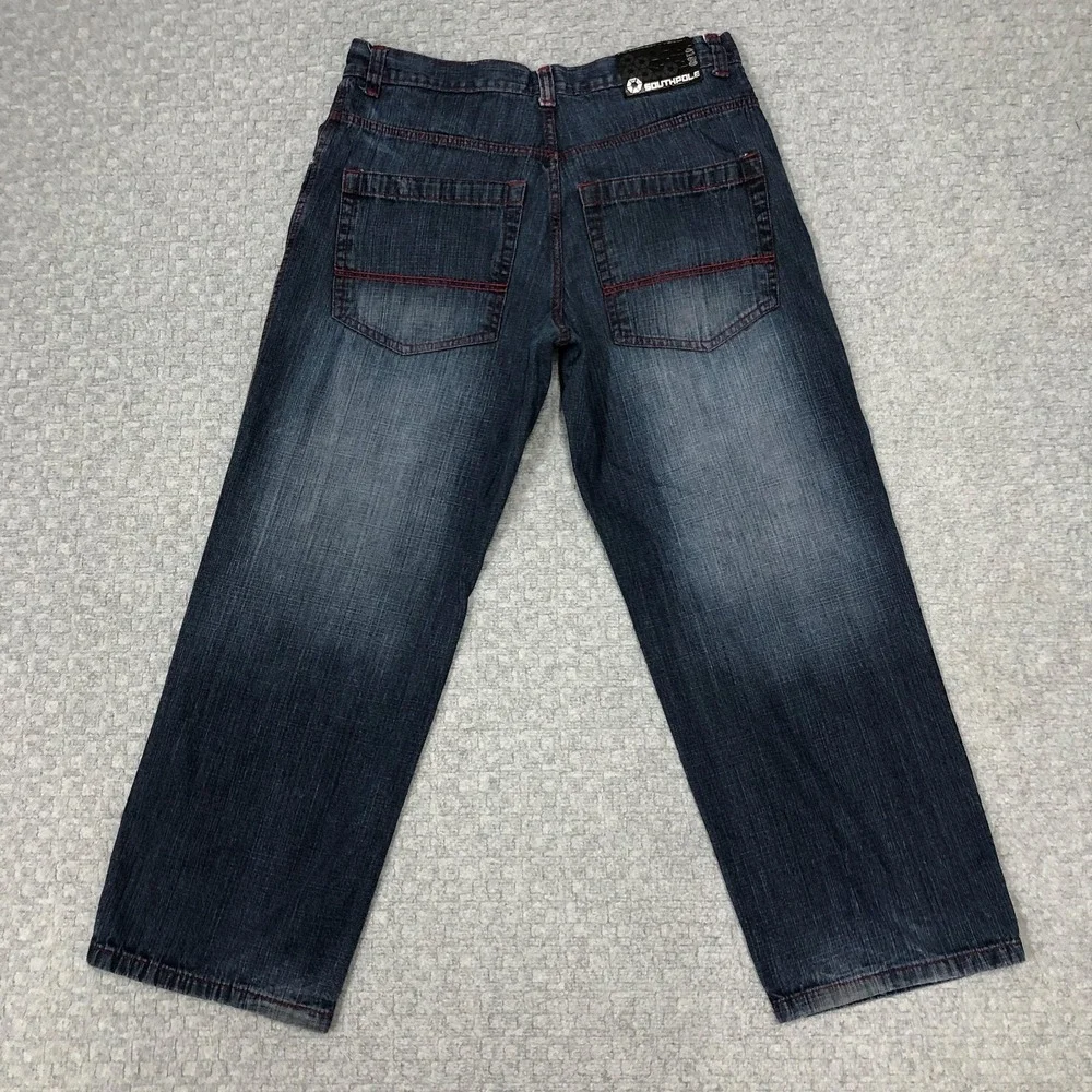Southpole Jeans Mens 38x32 Blue Straight Leg Denim Red Stitch Casual Hip Hop Y2K